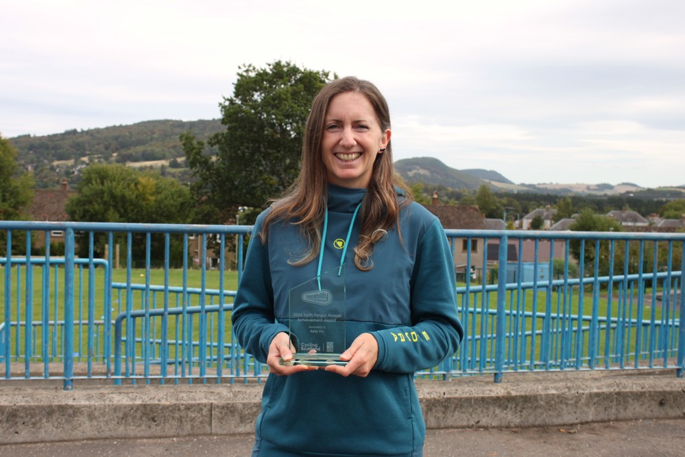 Bikeability Scotland Annual Achievement Award winner 2026, Kelly Fry, pictured with her trophy