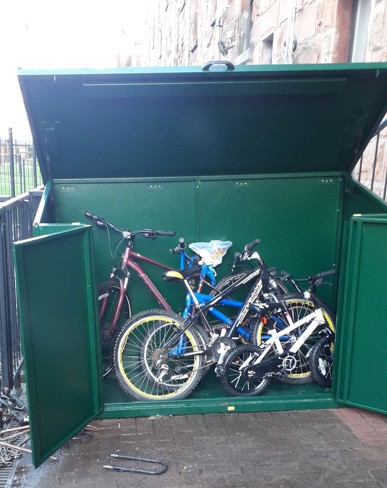 Cycle storage installed at Elder Park Housing Association tenements in Govan, Glasgow.