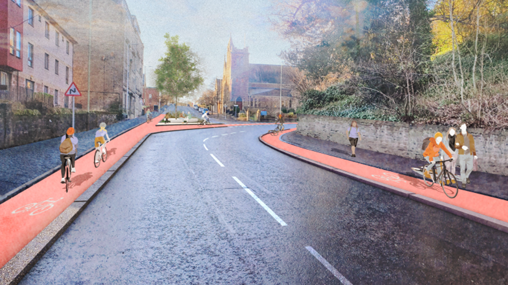 Visualisation of planned protected cycle lanes on Lochee Road in Dundee