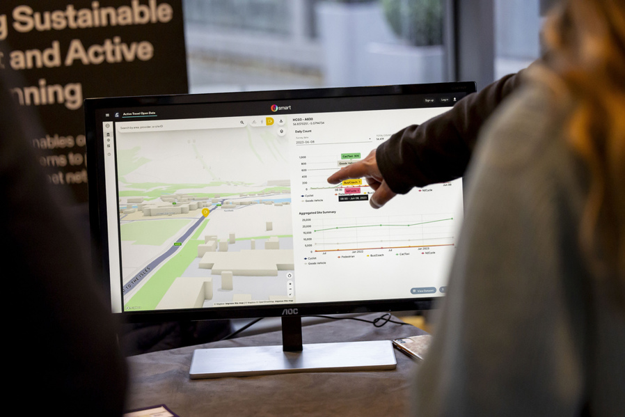 The Cycling Open Data portal being demonstrated on a screen at the 2023 Cycling Scotland Conference in Edinburgh