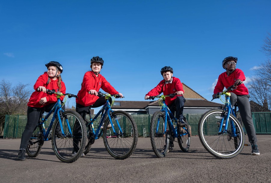 Pupils of Ferryhill Primary School with their bikes