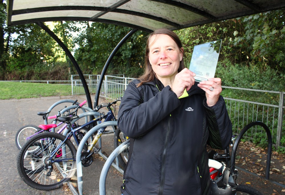 Jacqueline Doherty pictured with her Bikeability Scotland Instructor of the Year 2026 award trophy