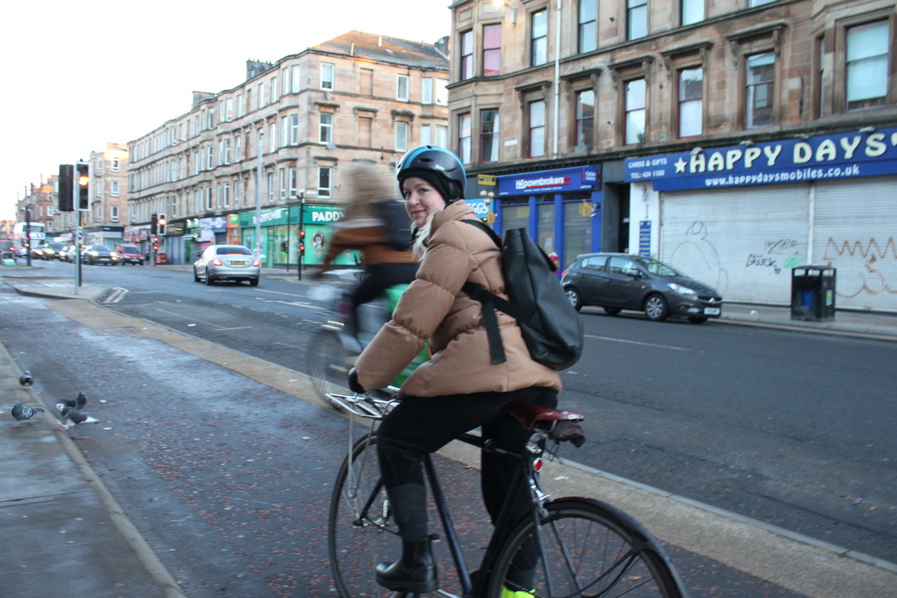 Robin, cycling on the South City Way cycle route as it passes through Govanhill in the south of Glasgow