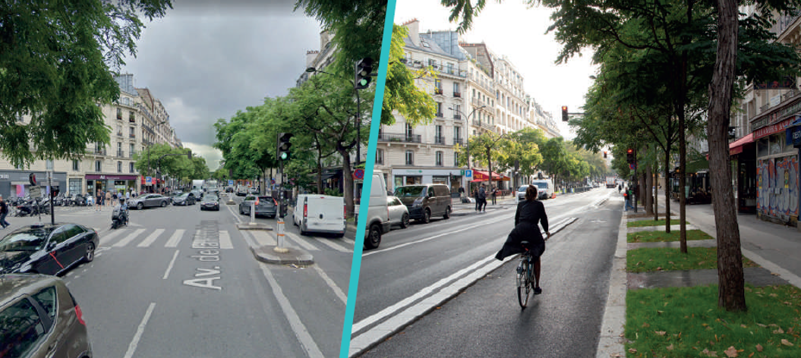 Before and after image showing the transformation of a main boulevard in the centre of Paris, with the introduction of physically separated cycle lanes