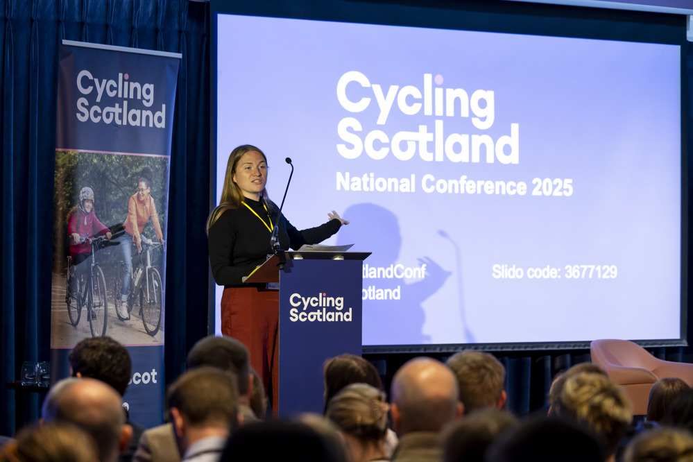 Cycling Scotland Conference Chair Laura Young addresses the audience in Dundee