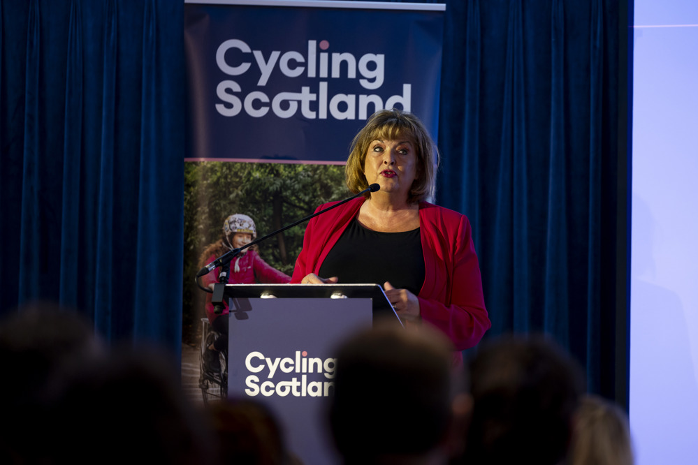 Cabinet Secretary for Transport, Fiona Hyslop, delivers a ministerial address at the 2025 Cycling Scotland Conference in Dundee