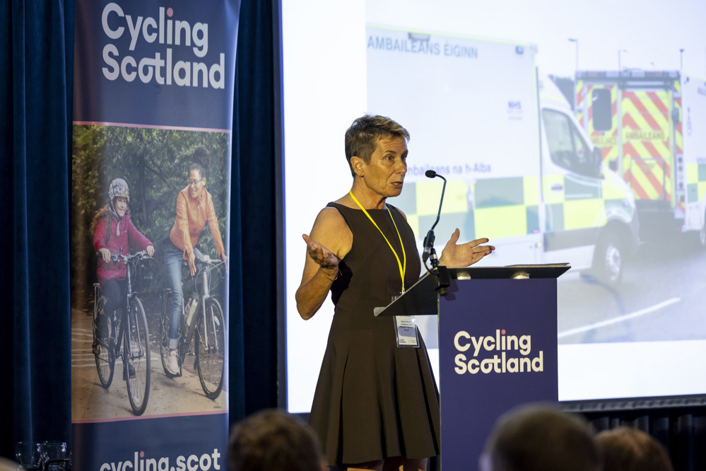 Jillian Evans, Head of Health Intelligence & Learning Health Systems, Public Health, at NHS Grampian addresses the 2025 Cycling Scotland Conference in Dundee